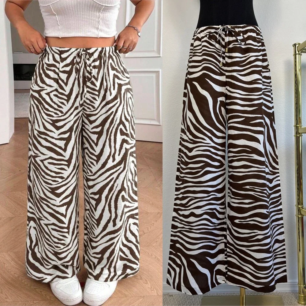 Michael Kors Brown Zebra Print Wide Leg Cotton Drawstring Pants Large Resortwear